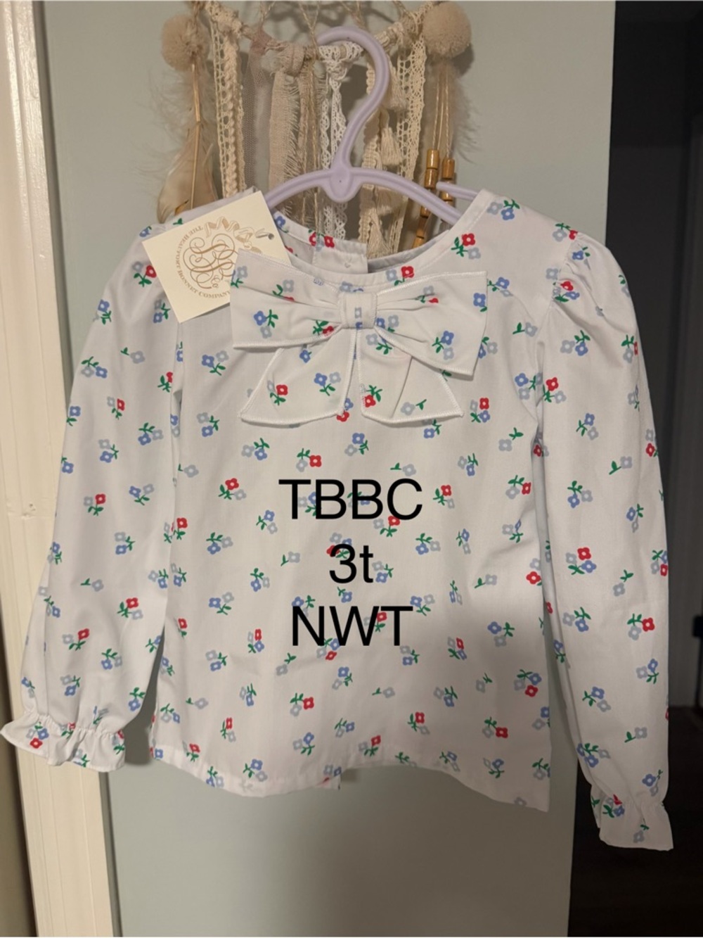 The Beaufort Bonnet Company White Floral Bow Long Sleeve Top - 3T